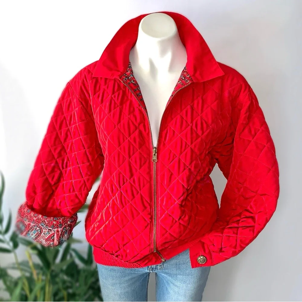 Vintage Vibrant Artsy Reversible Bomber Jacket Quilted - Picture 2 of 15